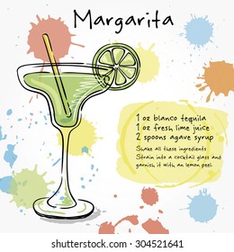 Margarita. Hand drawn illustration of cocktail, including recipes and ingredients. Vector collection.