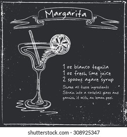 Margarita. Hand drawn illustration of cocktail, including recipes and ingredients. Vector collection.