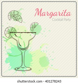 Margarita. Hand Drawn Vector Illustration Of Cocktail. Colorful Watercolor Background