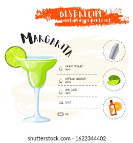 Margarita. Image of a cocktail and a set of ingredients for making a drink at the bar. Cartoon style. Vector illustration
