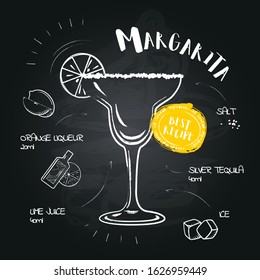 Margarita. Image of a cocktail and a set of ingredients for making a drink at the bar. Sketch on a black chalkboard. Vector illustration