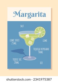 Margarita intgredients concept. Salt, lime slice and juice, tequila reposado, Ice. Poster with cocktail in glass. Flyer, brochure and booklet. Cartoon flat vector illustration