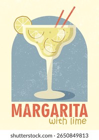 Margarita com limão Cocktail poster em estilo retro. Ilustração de vetor plana colorida.