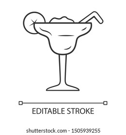 Margarita linear icon. Footed glass with icy drink, lemon slice, straw. Cocktail with tequila, liqueur, juice. Thin line illustration. Contour symbol. Vector isolated outline drawing. Editable stroke