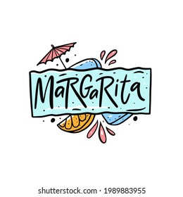 Margarita name. Hand drawn colorful vector illustration. Lettering text, lemon and ice cube. Isolated on white background.