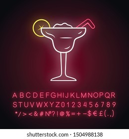 Margarita neon light icon. Footed glass with icy drink, lemon slice, straw. Cocktail with tequila, liqueur, lime juice. Glowing sign with alphabet, numbers and symbols. Vector isolated illustration