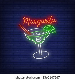 Margarita neon text, drink glass, straw, ice cubes and lime. Cocktail bar design. Night bright neon sign, colorful billboard, light banner. Vector illustration in neon style.