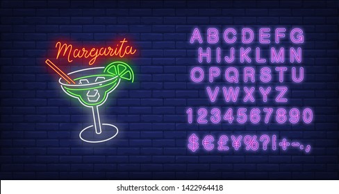 Margarita neon text, drink glass, straw, ice cubes and lime. Cocktail bar design. Night bright neon sign, colorful billboard, light banner. Vector illustration in neon style.