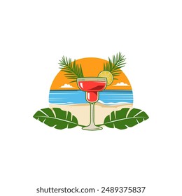 Margarita on Beach Background Vector Stock Illustration. Summer Style Drink Bar Logo Clipart.