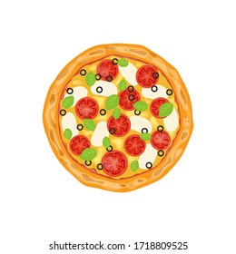 Margarita pizza. Italian whole pizza with tomato and mozzarella. Vector illustration