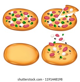 Margarita Pizza Kit with salami. Traditional Ingredients Whole and Slice Pizzas. Vector Illustration. Editable Icon Set