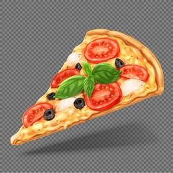 Margarita Pizza Slice, Realistic Vector Illustration On Transparent Background