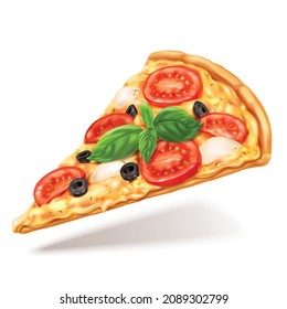 Margarita pizza slice, realistic vector illustration on white background