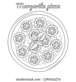 Margarita pizza with tomatoes. Object for packaging, advertisements, menu. Isolated on white. Vector illustration. Cartoon. Black and white.