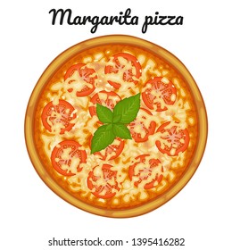 Margarita pizza with tomatoes. Object for packaging, advertisements, menu. Isolated on white. Vector illustration. Cartoon.
