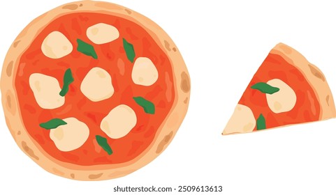 Margarita pizza whole and one cut piece. Hand drawn vector illustration.