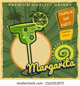 Margarita Retro poster design. Cocktail lounge vintage background, scratched old textured paper