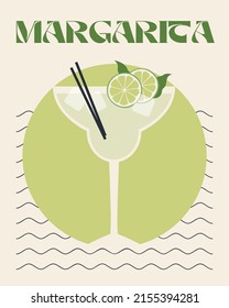 Margarita. Afiches retro con cócteles de alcohol. Afiches groovys de los años 70 de los 80. Impresión moderna. Beba con fruta y hielo. Cócteles planos con elementos decorativos. Ilustración del vector