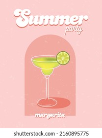 Margarita. Retro posters with alcohol cocktails. 90s 80s 70s groovy posters. Modern trendy print. Drink with fruit and ice. Flat cocktails with decorative elements. Vector illustration