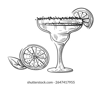 Coquetel de margarita siesta com mão de toranja desenhado isolado no fundo branco. Esboço antigo de vidro de bebida alcoólica. Coquetel de festa. Ilustração vetorial