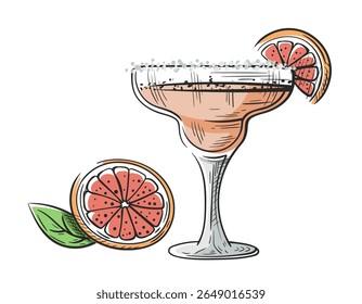 Coquetel de margarita siesta com mão de toranja desenhado isolado no fundo branco. Esboço antigo de vidro de bebida alcoólica. Coquetel colorido de festa. Ilustração vetorial