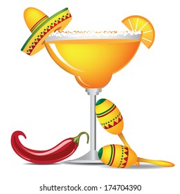 Margarita with sombrero, jalapeno and maracas EPS 10 vector, grouped for easy editing. Margarita is a traditional Mexican drink popular for Cinco de Mayo.