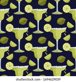 Margarita tequila martini cocktail alcohol drink vector seamless pattern. Party colorful bar background with beverage in a glass and lime slice in a flat cartoon style.