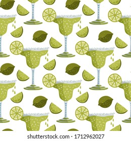 Margarita tequila martini cocktail alcohol drink vector seamless pattern. Party colorful bar background with beverage in a glass and lime slice in a flat cartoon style.