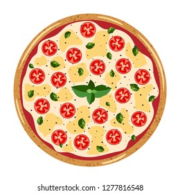 Margarita whole Pizza top view with different ingredients: tomato, mozzarella, basil. Vector illustration isolated on white background. Colorful  flat style.