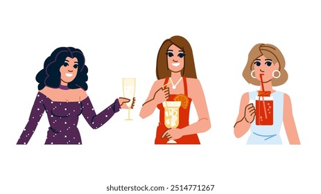 Vector de cóctel de mujer Margarita. Mojito cosmopolita, Daiquiri Spritz, Gimlet Sangría Personaje de cóctel de mujer Margarita. Ilustración de dibujos animados planos de personas