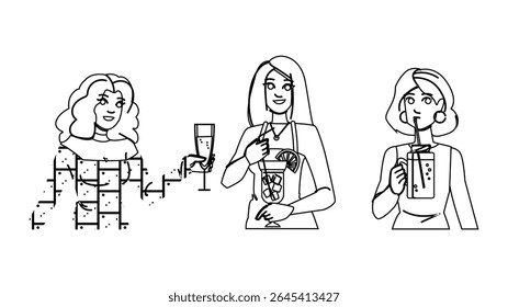 vetor coquetel mulher margarita. cosmopolitan mojito, daiquiri spritz, gimlet sangria margarita mulher coquetel personagem. pessoas linha preta lápis desenho ilustração