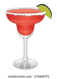 Margarita-Strawberry is an illustration of a frozen strawberry margarita with salt on the rim of the glass and a slice of lime.