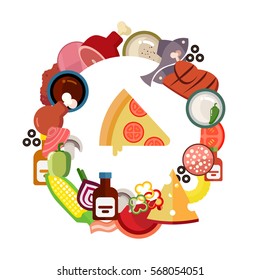 Margherita Cartoon flat image. Pizza on the board and the ingredients for the pizza on the chalkboard. Ingredients for pizza