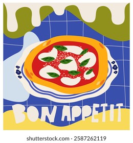 Margherita pizza abstract bright retro poster. Italian national dish. Decor for banner, wallpaper, walls and postcards. Vintage home decor. Cartoon vector illustration