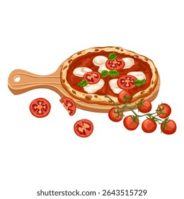 Margherita pizza composition with sliced tomatoes, mozzarella, basil and cherry tomatoes on a wooden board. Vector hand drawn cartoon Italian food for restaurant, menu, branding, stickers