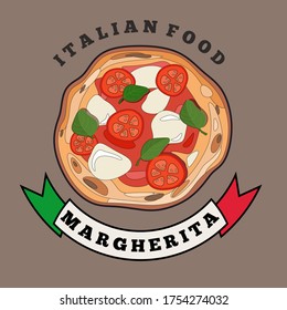 Margherita pizza hand drawn illustration in cartoon style.