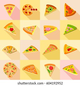 Margherita pizza icons set. Flat illustration of 16 pizza icons set vector icons for web