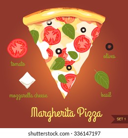 margherita pizza with ingredients (mozzarella cheese, basil, tomato, olives) SET 1, vector illustration.