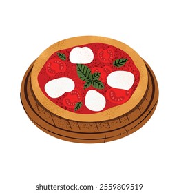 Margherita pizza with mozzarella, tomatoes, and basil. Ideal for Italian food menus, pizzerias, and recipe designs. Flat vector illustration, isolated on white background.