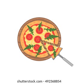 Margherita pizza on wooden board on white. Slice with melting cheese. Vector illustration. Cartoon style.