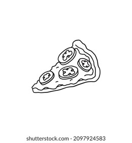 Margherita pizza slice outline, doodle vector illustration isolated on white background. Traditional italian cuisine, pizza with mozzarella cheese and tomatoes. Hand drawn icon for cafe menu design.