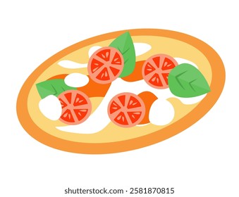 Margherita pizza with tomatoes, cheese and basil leaves. Food of Italy. National traditional cuisine. Isolated vector illustration on white background. 