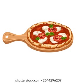 Margherita pizza with tomatoes, mozzarella and basil on wooden board. Vector cartoon illustration of Italian food art for restaurant, menu design, packaging, branding, culinary content