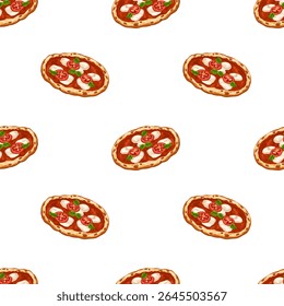 Vector de pizza Margherita sin patrón con cubierta de tomate, albahaca, queso mozzarella derretido. Concepto de comida rápida de dibujos animados para menú, envoltura, embalaje, impresiones de cocina aisladas sobre fondo blanco
