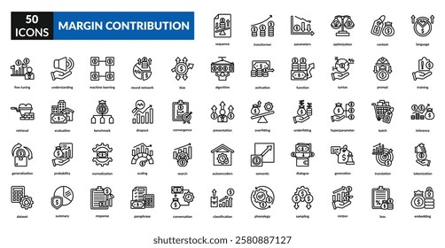 Margin contribution line icon set collection. budgeting, price, financial planning, cost, analysis, report, growth, investment, money, expenses, pricing, value