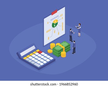 Margin diagram vector concept. Group of business people analyzing margin diagram while standing with calculator
