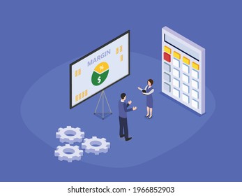 Margin diagram vector concept. Two business people analyzing margin diagram while standing with calculator