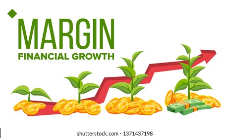 Margin, Financial Growth Vector Web Banner Template. Margin Profit, Income. Diagram, Chart, Graph Arrow. Saplings, Money, Coins Isolated Clipart. Banking, Business Analysis Flat Illustration