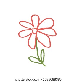 Marguerite flower crayon drawn. Spring plant doodle isolated on white background. Summer floral kids element. Pastel style childish scrawl wildflower shape. Vector naive illustration by pencil.