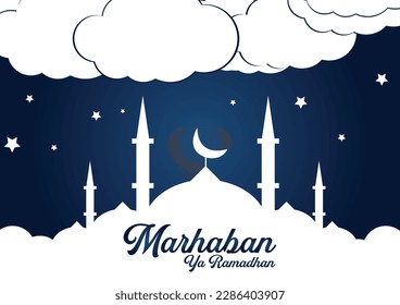 Marhaban Ya Ramadan Banner with Moon, stars, and Clouds